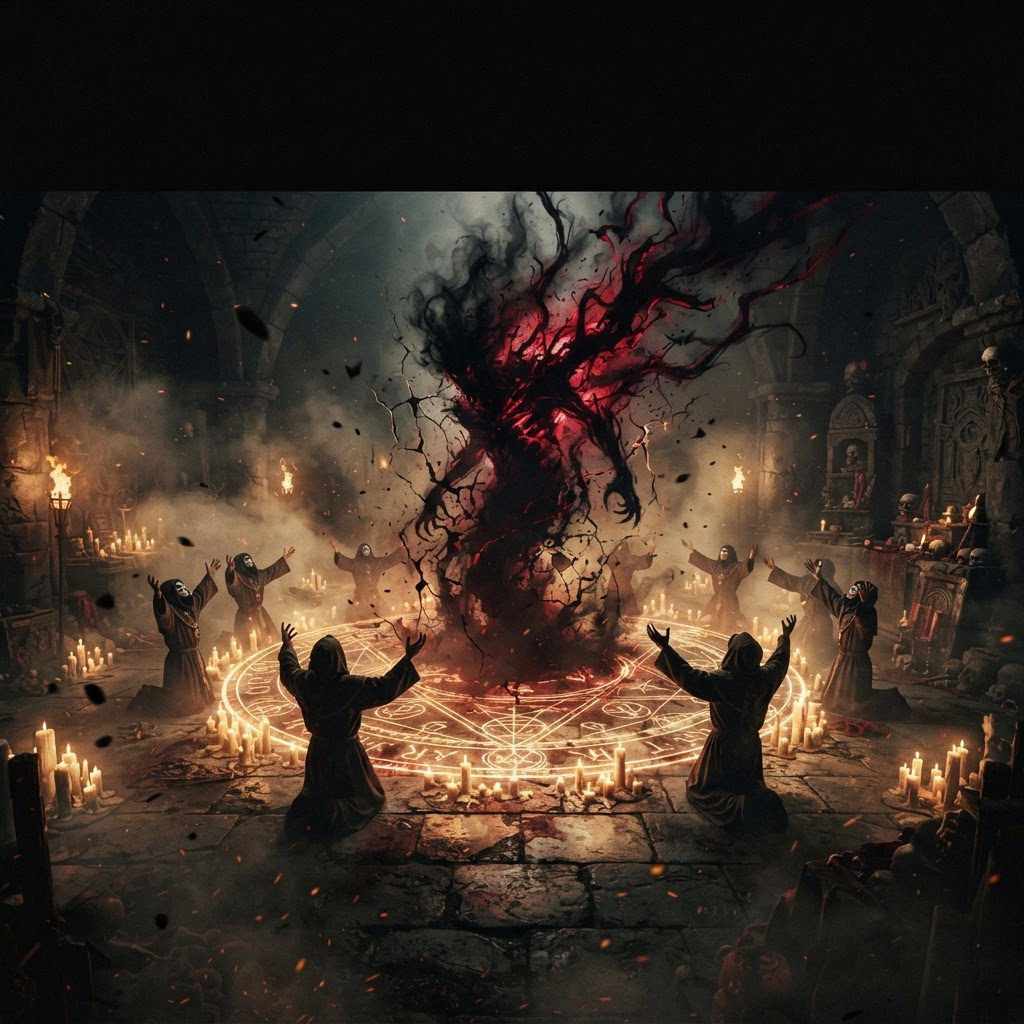 The climax of a ritual — an Entity manifesting inside a glowing ritual circle as reality corrupts around it